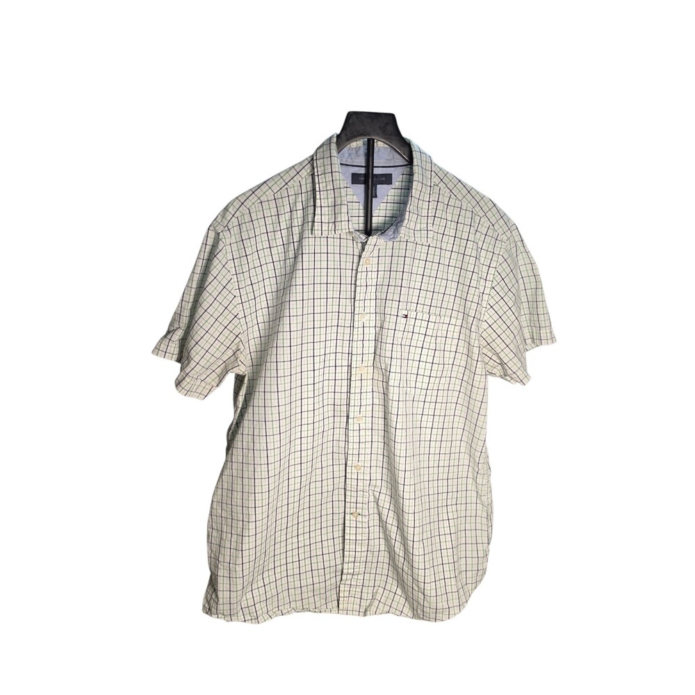 Tommy Hilfiger Plaid Short Sleeves Purple Green 100% Cotton Shirt Size XL